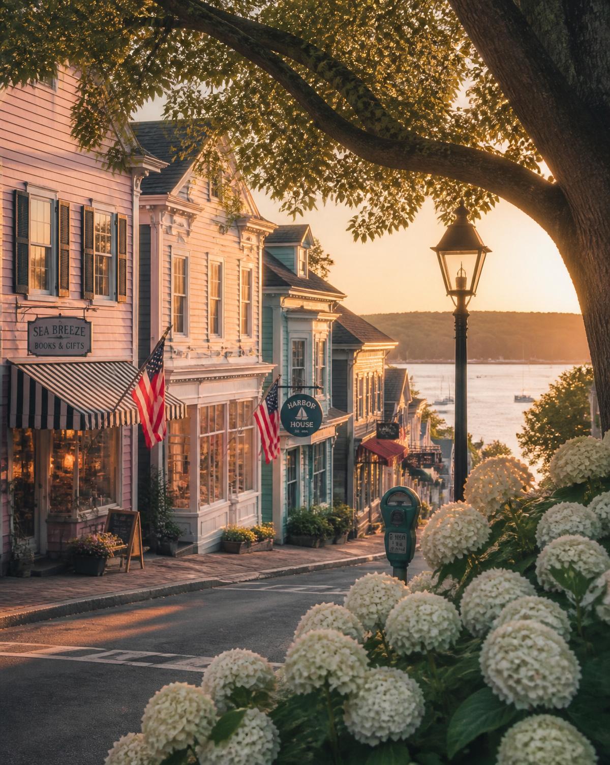 A coastal Carolinas town square at golden hour, brick sidewalks and Spanish moss
